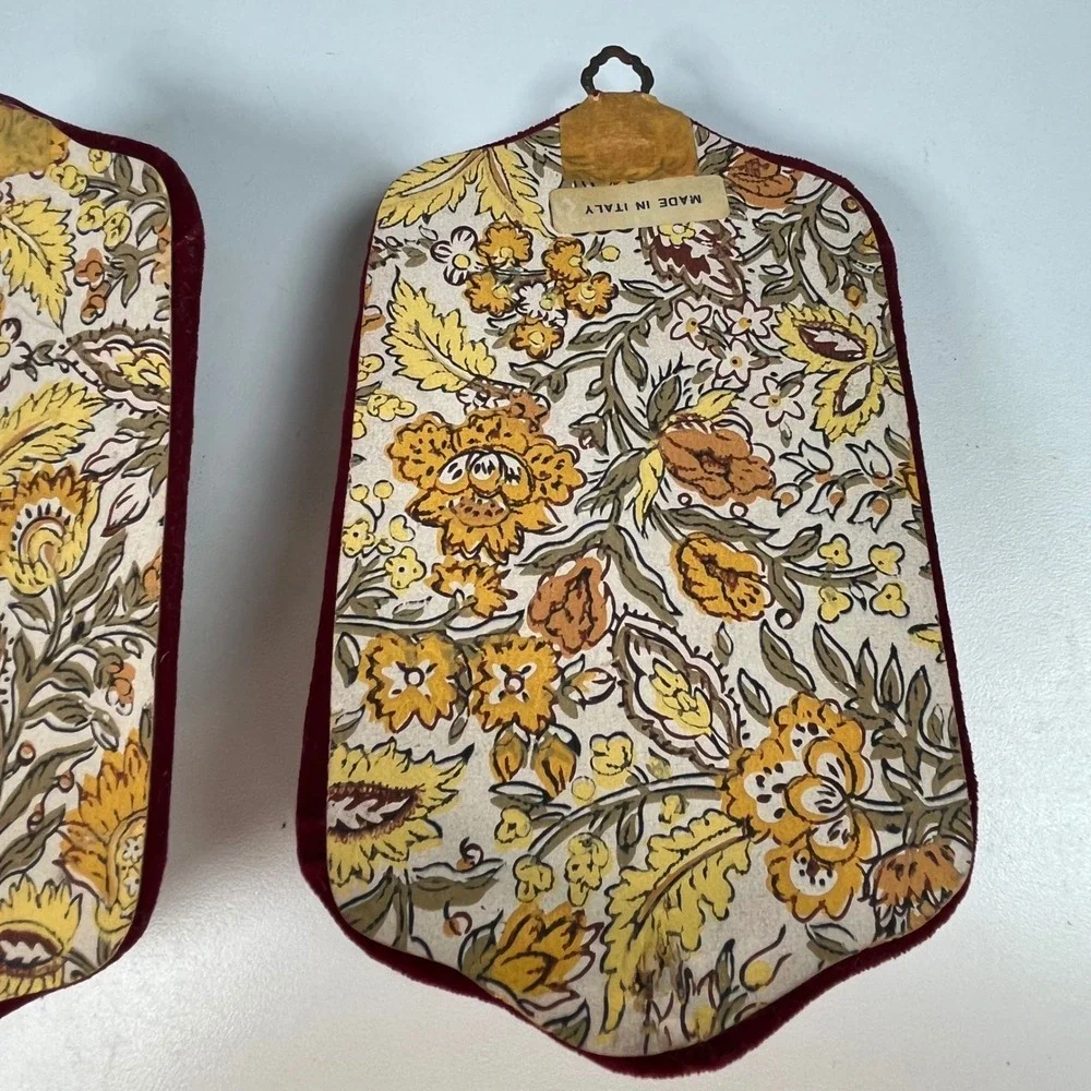Vintage Ceramic Rose Wall Plaques Burgundy Velvet Italy Floral Pair 7 in x 4 in